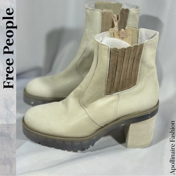 FREE PEOPLE JAMES CHELSEA LEATHER BOOTS IN ICE SIZE 41 NWT CHUNKY HEELS - Picture 4 of 7